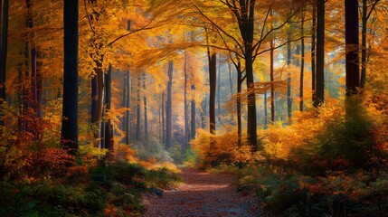 Fototapeta premium Sunlight streams through the colorful foliage of the autumn forest, illuminating a path of fallen leaves