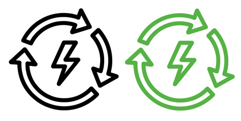 Fototapeta premium Set of sustainable energy icons with a central lightning bolt and recycling arrows. This simple vector graphic symbolizes renewable power and green electricity