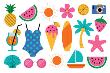 Summer Beach Icons Vector Set with Tropical Elements and Accessories