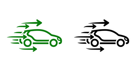 Naklejka premium Two stylized cars in motion with speed lines indicating forward movement in green and black silhouettes
