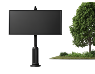 Black blank billboard sign on pole, isolated mockup template, transparent background, PNG