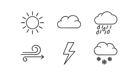 Simple outline icons represent sunny weather, clouds, rain, wind, lightning, and snow offering a clear forecast of atmospheric conditions