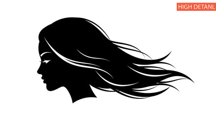 Black silhouette of a womans head with long flowing hair.