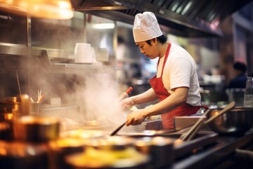 A chef in a restaurant kitchen busy preparing food for customer cooking concentration appliance.