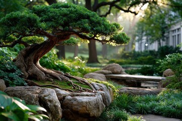 Obraz premium Ancient Bonsai Tree in a Serene Garden at Dawn with Soft Sunlight