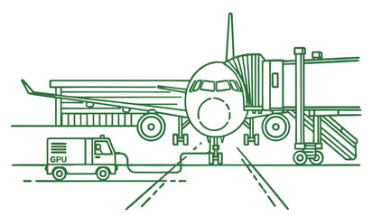 A vector illustration of an airplane at an airport gate, with a service vehicle connected, showcasing air travel and ground support operations within an aviation environment
