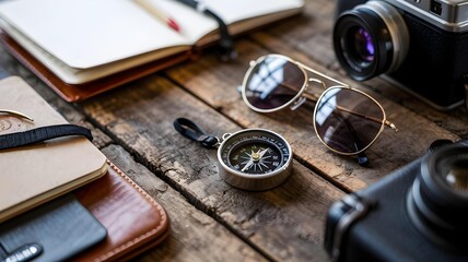 Vintage travel essentials laid out on a rustic wooden table, including a notebook, sunglasses, compass, and cameras, evoking a sense of adventure and exploration