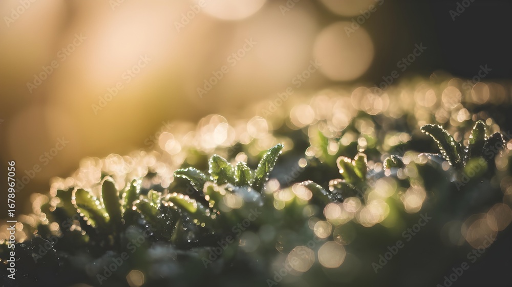 Poster closeup macro shot of tiny green succulent leaves covered in sparkling dew drops, illuminated by sof