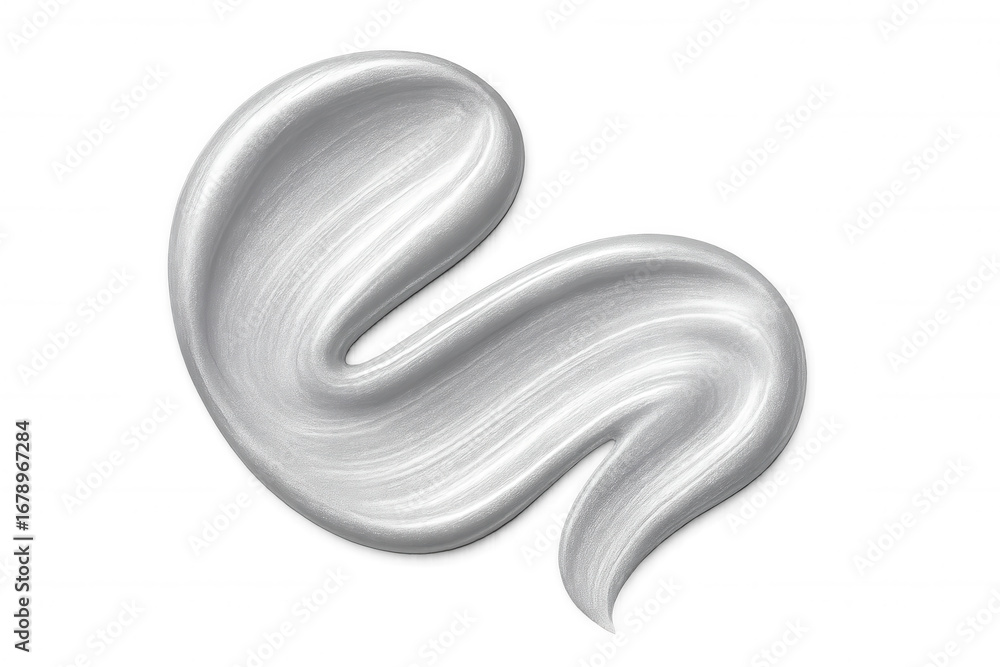 Poster metallic silver paint streaming across transparent surface, forming fluid dynamic shape with gleamin