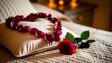 A romantic bed decorated with a heart made of red rose petals and a single red rose, symbolizing love and passion