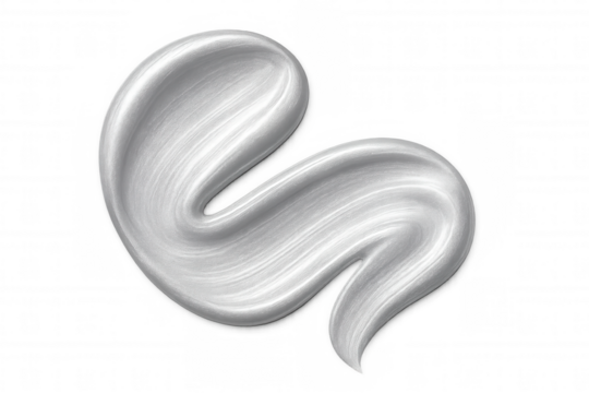Metallic silver paint streaming across transparent surface, forming fluid dynamic shape with gleaming metallic texture