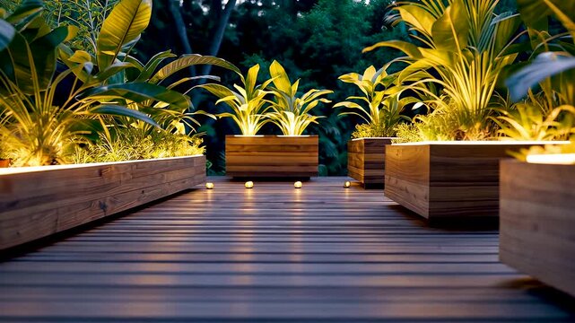 Stylish outdoor wooden deck with decorative potted plants and modern night lighting in contemporary garden setting