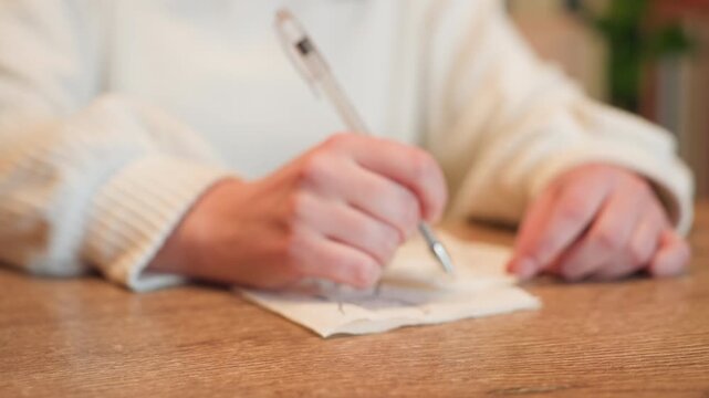 Close up of person hand in white sweater sketching casually with pen on soft tissue paper resting on wooden table surface with warm natural lighting and subtle artistic intention