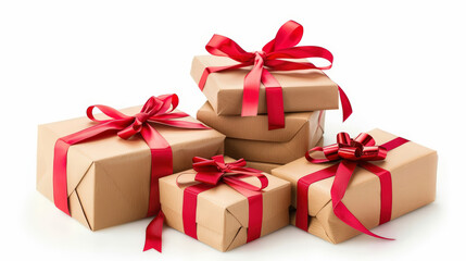 Obraz premium Stack of beige and light wood eco color gift boxes tied with red ribbons and bows, arranged on a white background for a festive, elegant presentation.