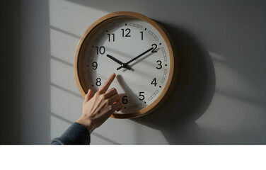 Hand meticulously setting the accurate time on a stylish round wooden wall clock, symbolizing the careful management of daily schedules and deadlines in a modern home