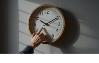 Hand meticulously setting the accurate time on a stylish round wooden wall clock, symbolizing the careful management of daily schedules and deadlines in a modern home