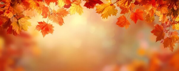Obraz premium Bright autumn fall leaves border on a blurred golden bokeh background ideal for seasonal design or Thanksgiving.