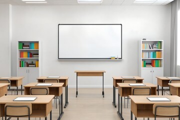 Spacious Classroom with Whiteboard and Student Desks