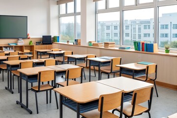 Bright Classroom with Blackboard and Student Desks