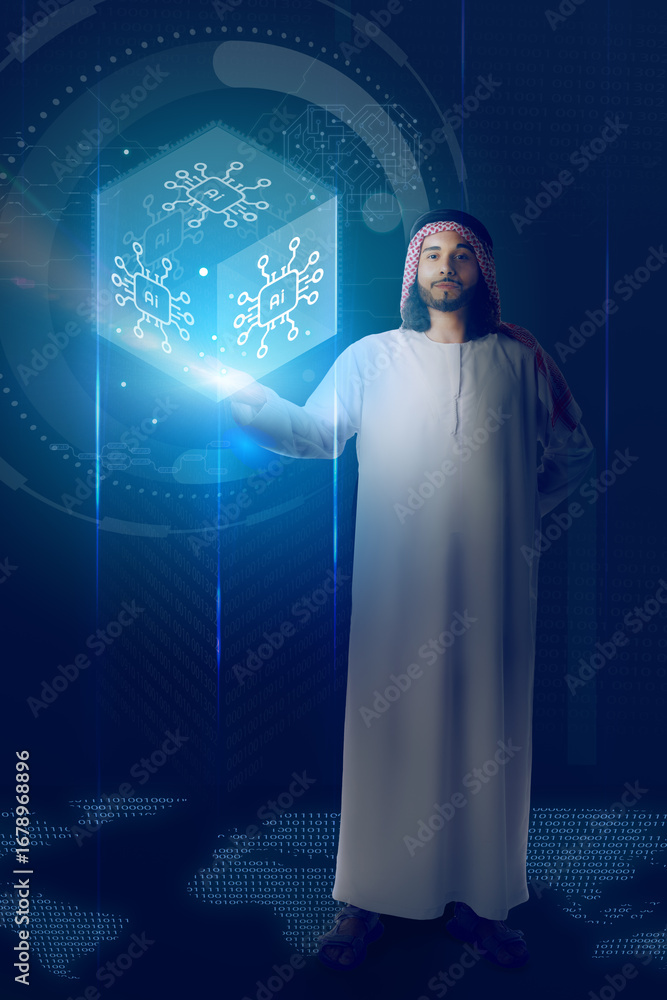 Poster digital innovation in the modern world with a man showcasing technology and ai concepts in a futuris