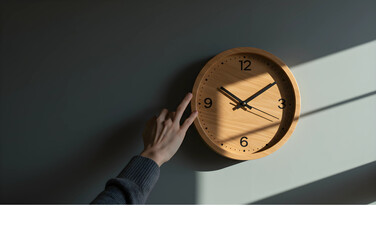 Hand reaching to adjust the time on a minimalist wooden wall clock, symbolizing the concept of managing schedules and deadlines