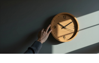 Hand reaching to adjust the time on a minimalist wooden wall clock, symbolizing the concept of managing schedules and deadlines