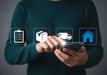 Person using phone with delivery icons mobile