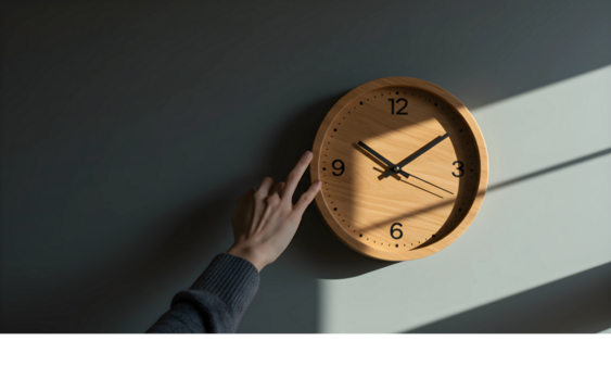 Hand reaching to adjust the time on a minimalist wooden wall clock, symbolizing the concept of managing schedules and deadlines