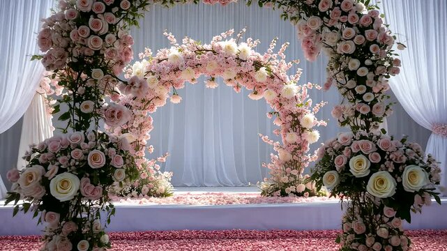 Elegant wedding floral arch decorated with roses and greenery set up on outdoor stage with white curtain backdrop