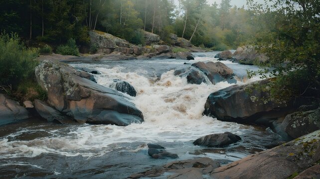 A powerful river cascades over rugged rocks in a lush forest, with whitewater rapids creating a dynamic natural scene of flowing water and surrounding greenery - Powered by Adobe