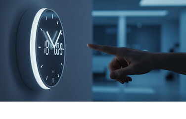 A modern circular clock displays time in digital format as a finger touches the surface of the timepiece, highlighting innovation and precision