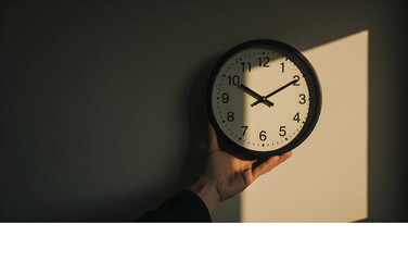 Conceptual image representing time management and deadlines, with a hand holding an analog clock in dramatic light and shadow