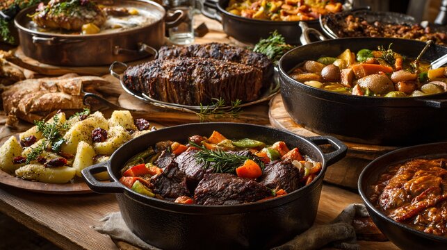 A rustic buffet scene with different autumn dishes like braised meats, roasted veggies and stews, styled as cozy family gathering, top-down