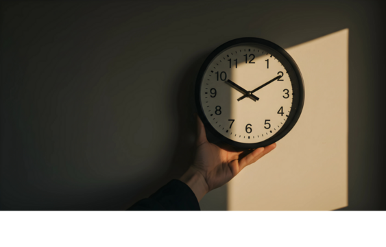 Conceptual image representing time management and deadlines, with a hand holding an analog clock in dramatic light and shadow