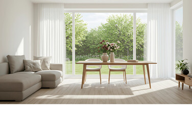 Sunlit contemporary home interior showcasing a minimalist living and dining area with large windows and a view of a lush green garden