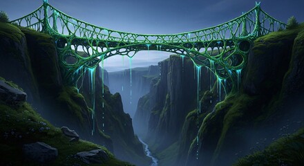 Fototapeta premium Enchanted bridge overgrown with glowing vines over a misty canyon