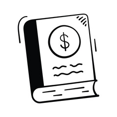 Hand drawn book icon featuring a dollar sign, representing financial knowledge.