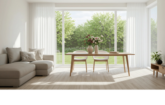 Sunlit contemporary home interior showcasing a minimalist living and dining area with large windows and a view of a lush green garden