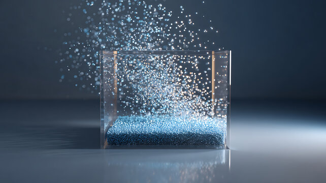 Particles fill a transparent container, demonstrating containment, simulation, and volumetric display.