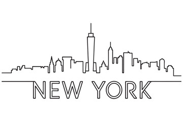 Linear New York City Line Art Skyline with Typographic Design. Vector black silhouette. with white background