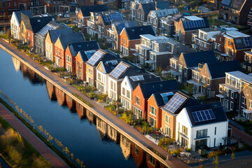 Obraz premium Canal-side colorful houses with solar panels in Amsterdam Netherlands