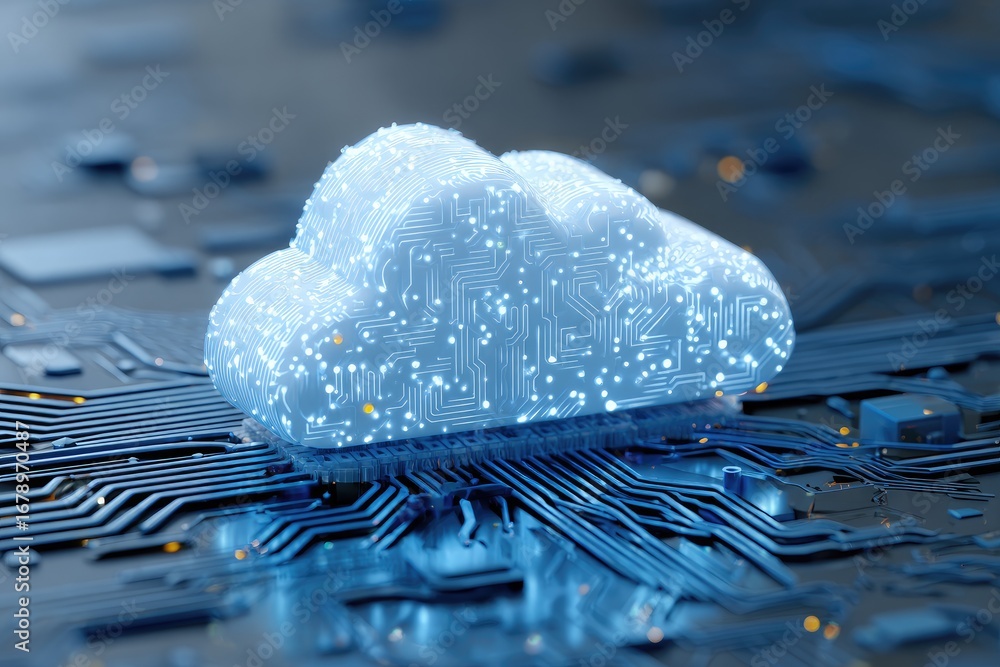 Poster cloud computing concept - digital cloud on a circuit board.