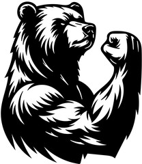 Powerful bear flexing muscular arms in bold design, symbolizing strength and resilience in vector art
