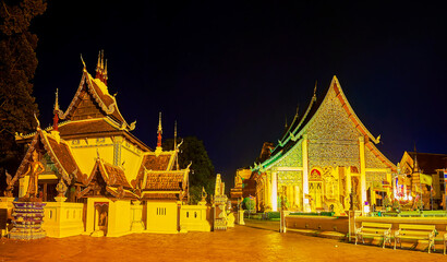 City Pillar Viharn and Phra Viharn Luang in evening lights, Wat Chedi Luang, Chiang Mai, Thailand