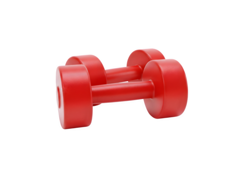 Two fitness dumbbells, either red rubber or plastic coated, sitting alone on a white background. 3D illustration