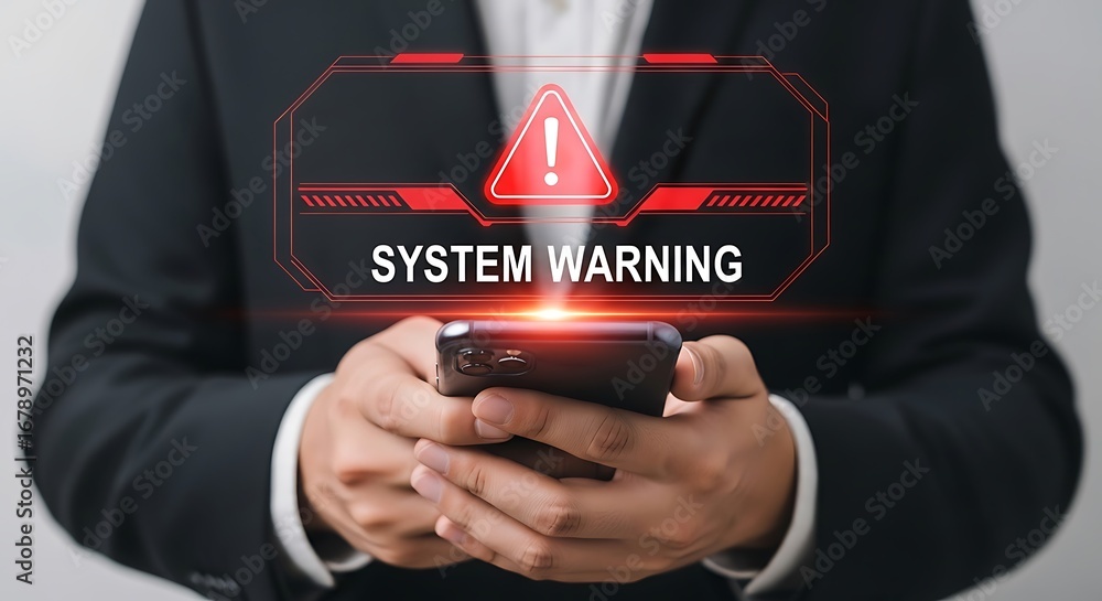 Poster man holding phone with system warning alert image