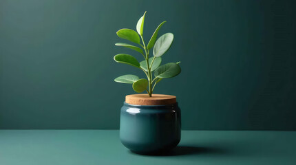 A solitary dark teal ceramic container with a natural cork lid sits prominently, containing a single vibrant green eucalyptus plant,