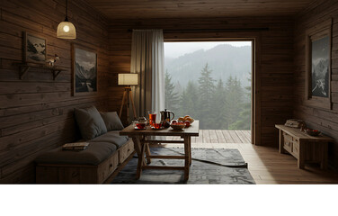Cozy rustic wooden cabin interior with a tranquil breakfast nook overlooking a rainy and misty mountain forest view
