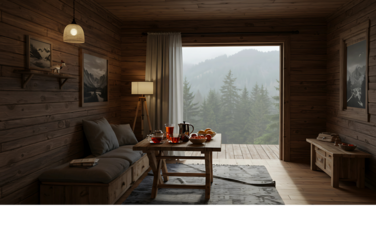 Cozy rustic wooden cabin interior with a tranquil breakfast nook overlooking a rainy and misty mountain forest view