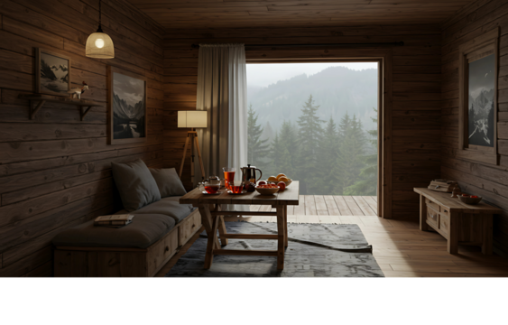 Cozy rustic wooden cabin interior with a tranquil breakfast nook overlooking a rainy and misty mountain forest view